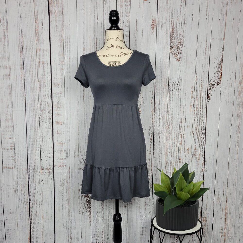 PINK ROSE Grey Scoop Neck Chic Drop Waist Short Sleeve Summer Ruffle Sun Dress